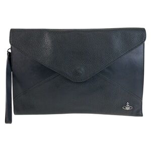 Vivienne Westwood black leather clutch bag with silver hardware, unisex.